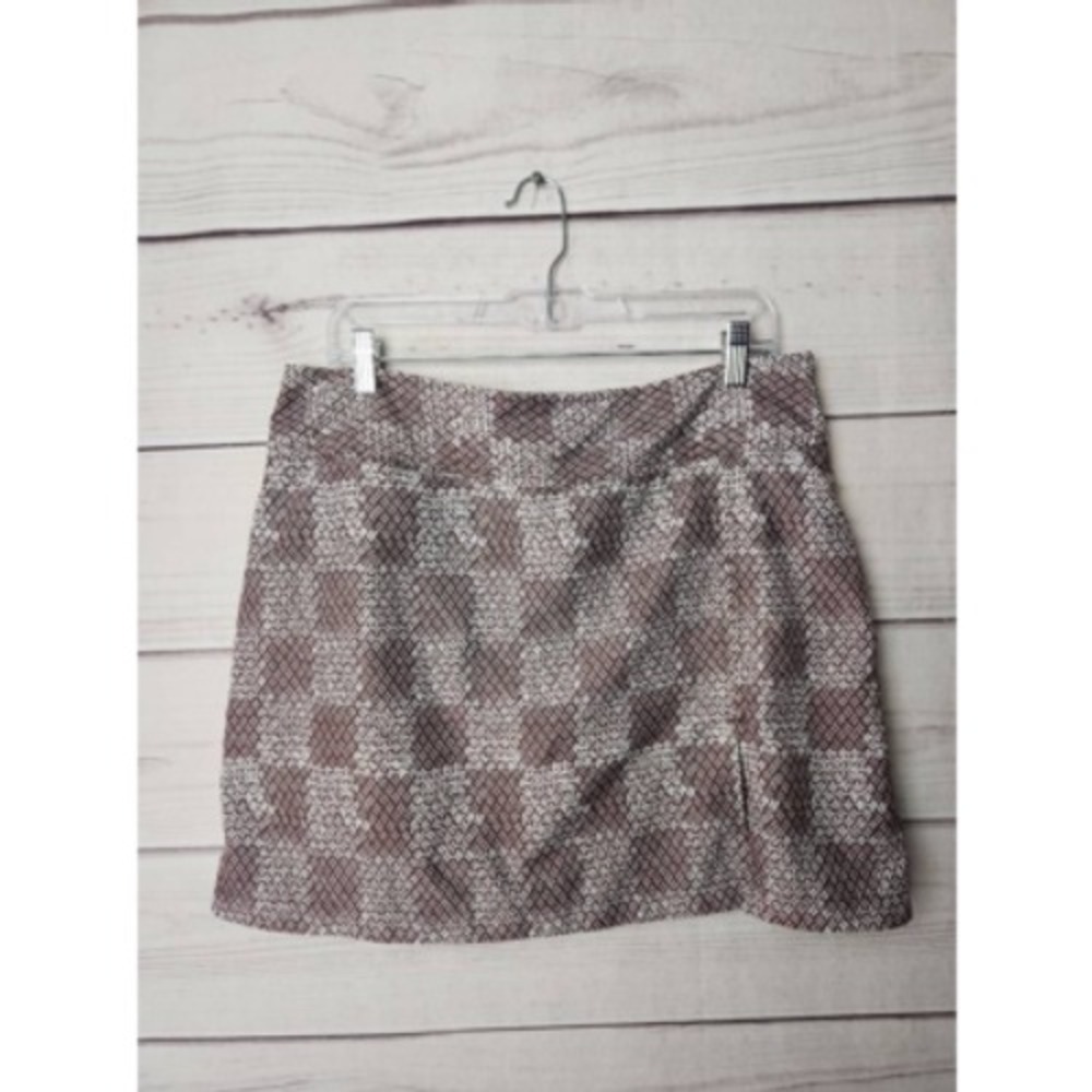 Izod Golf Womens Skorts Brown White Mid Rise Slit Geometric Zip‎ Activewear 12